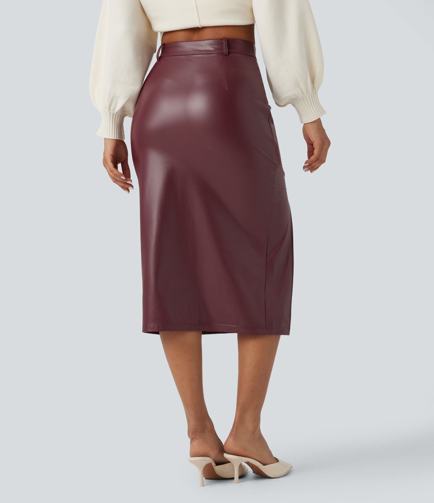 High Waisted Tummy Control 2-in-1 Midi Casual PU Leather Skirt