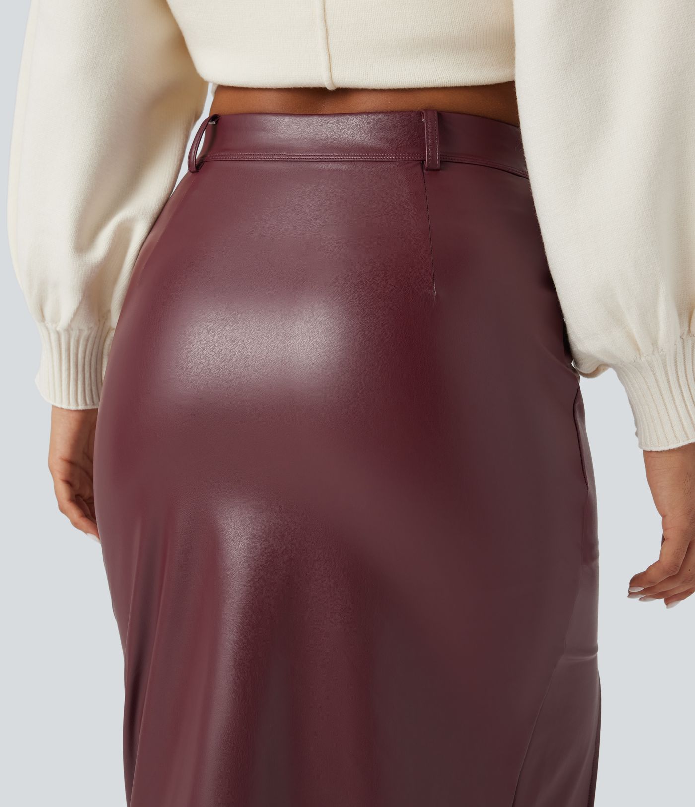 High Waisted Tummy Control 2-in-1 Midi Casual PU Leather Skirt
