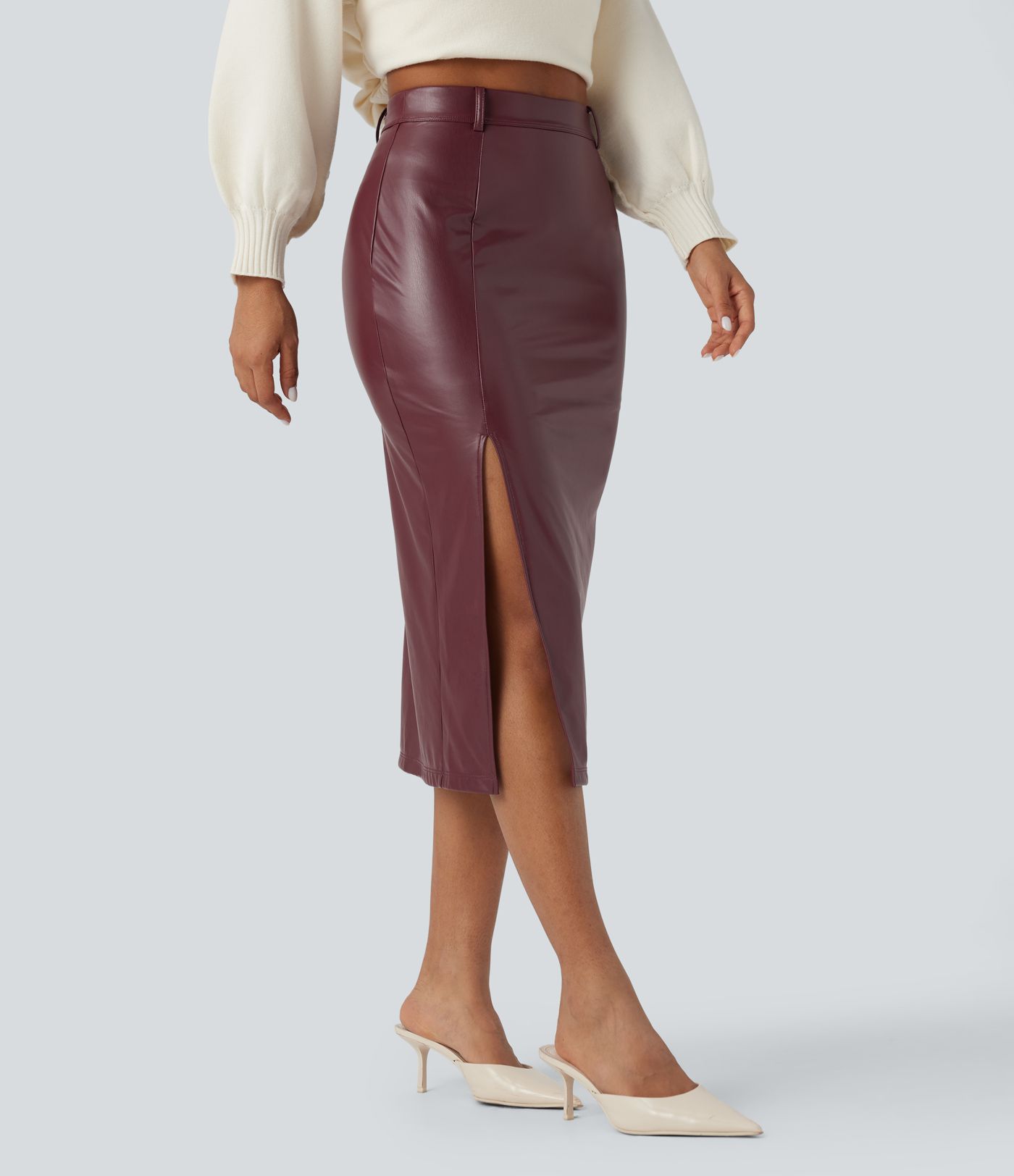 High Waisted Tummy Control 2-in-1 Midi Casual PU Leather Skirt
