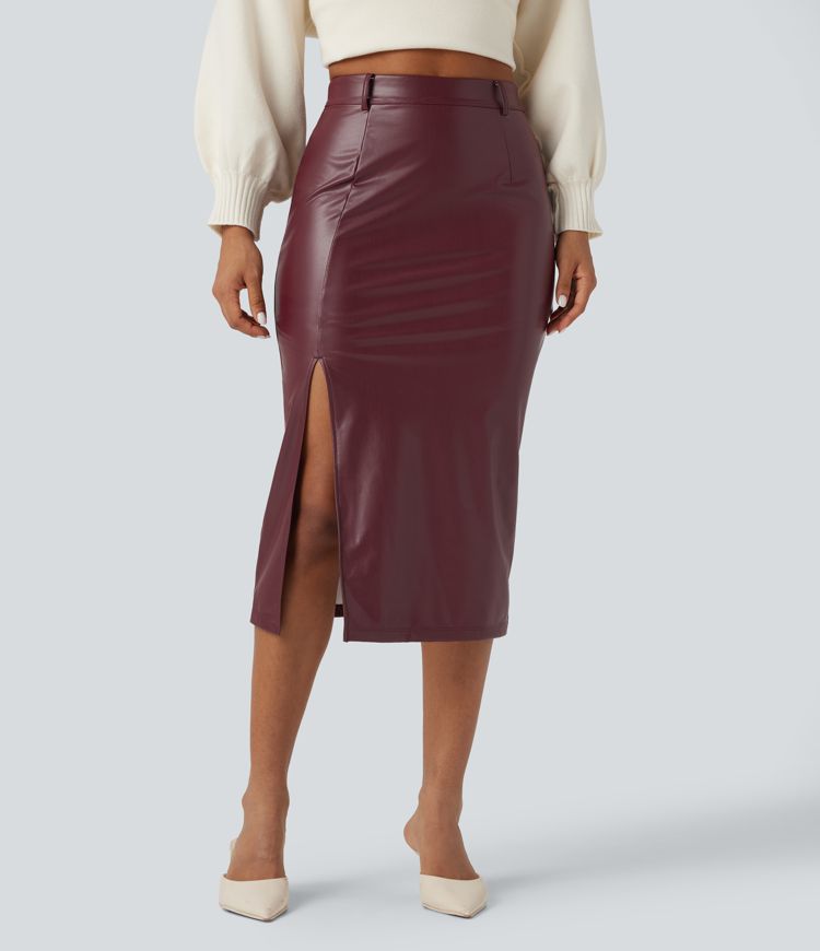 High Waisted Tummy Control 2-in-1 Midi Casual PU Leather Skirt