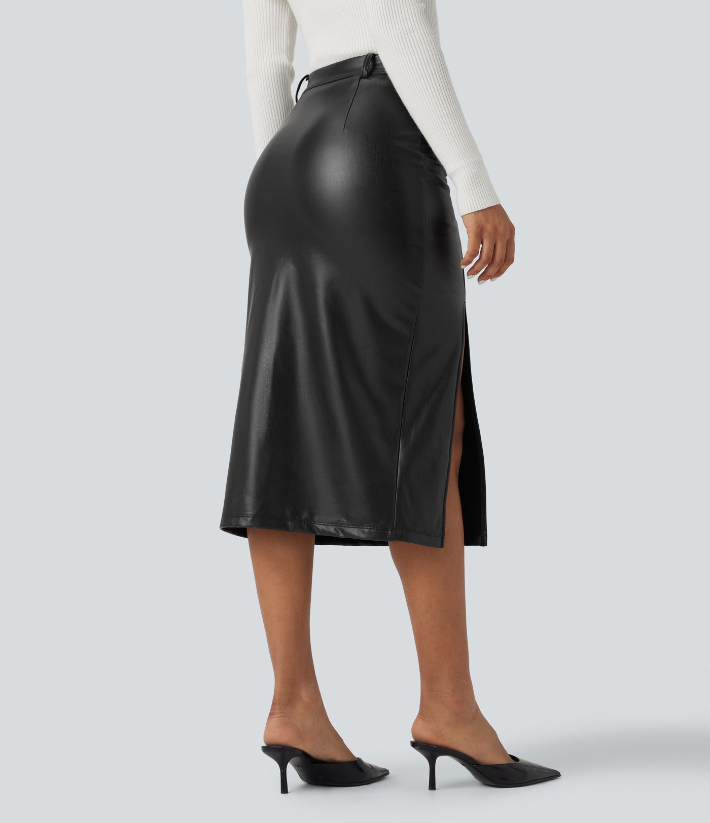 Falda midi casual de cuero PU de talle alto con control de abdomen 2 en 1