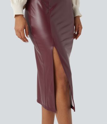 High Waisted Tummy Control 2-in-1 Midi Casual PU Leather Skirt