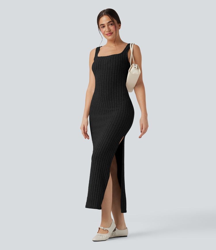 Vestido de punto acanalado con escote cuadrado, sin mangas, con detalles retorcidos en la espalda y una abertura — vestido maxi bodycon informal