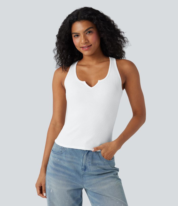 Ribbed Knit Notched Casual Tank Top