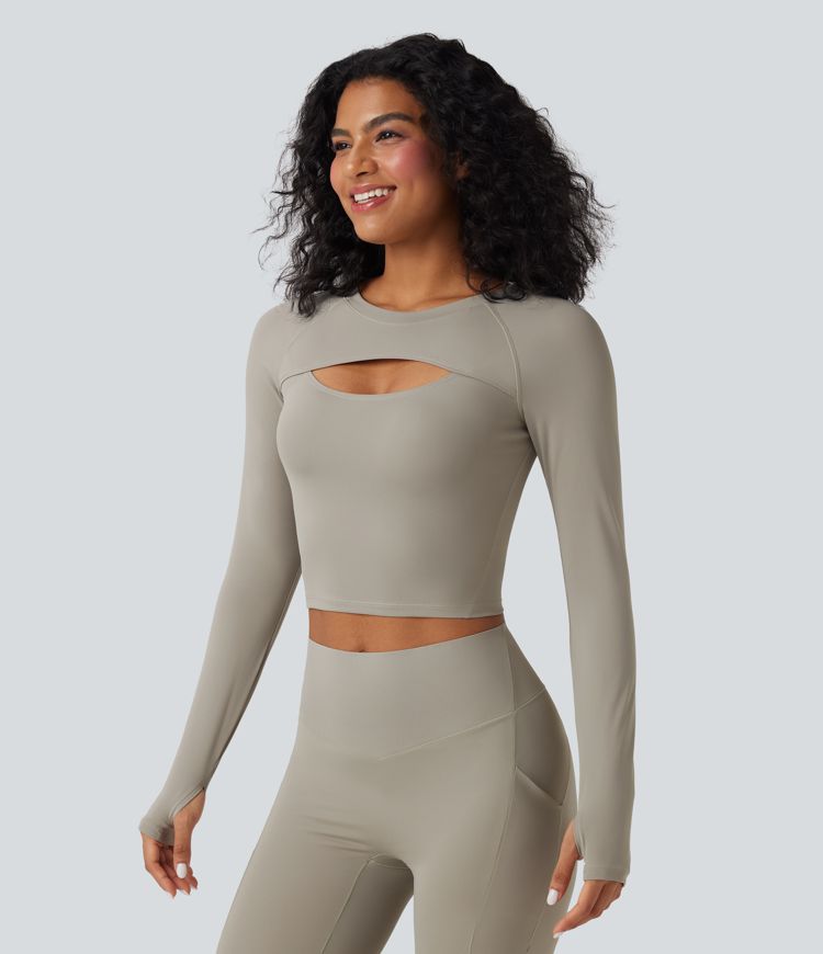 SoftlyZero™ QuickDry Cut Out Long Sleeve Thumb Hole Cropped Yoga Sports Top