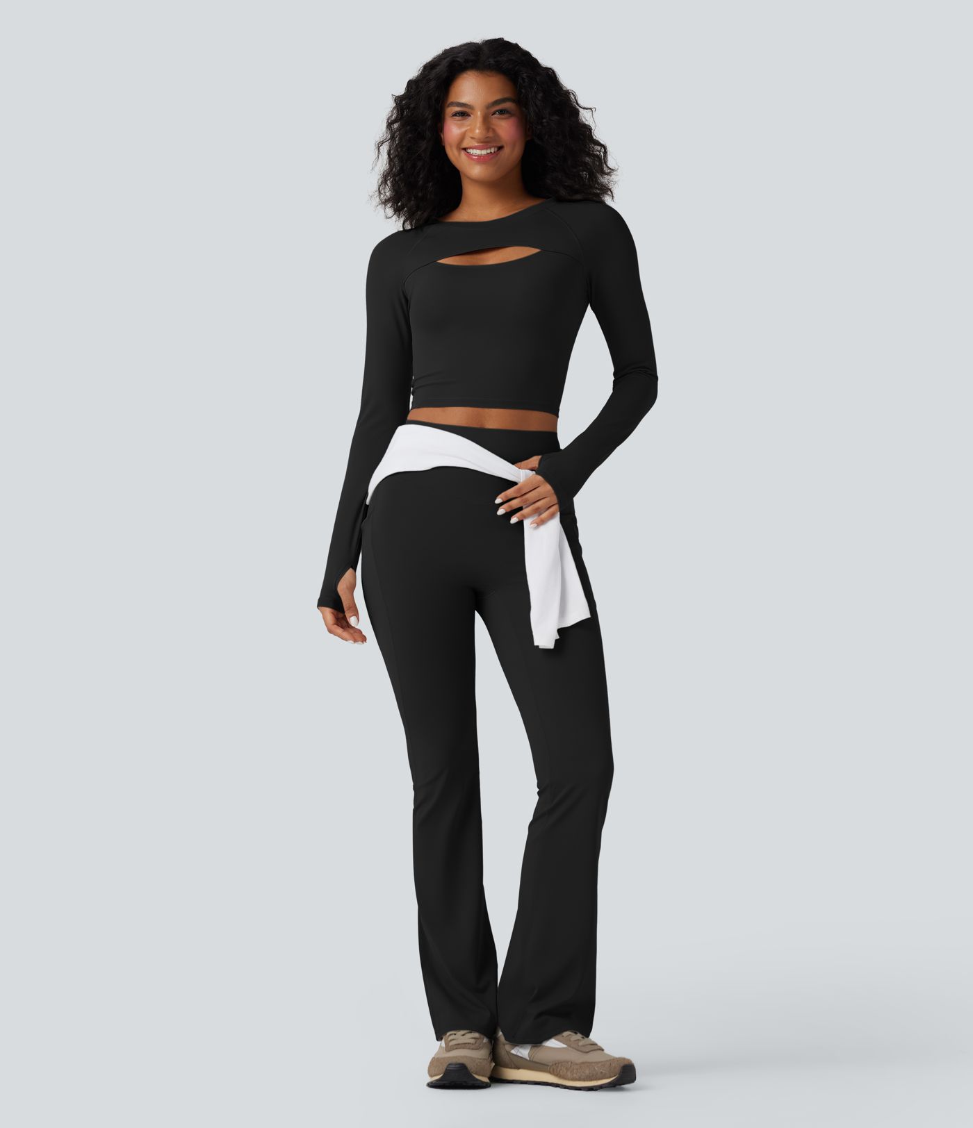 SoftlyZero™ QuickDry Cut Out Long Sleeve Thumb Hole Cropped Yoga Sports Top