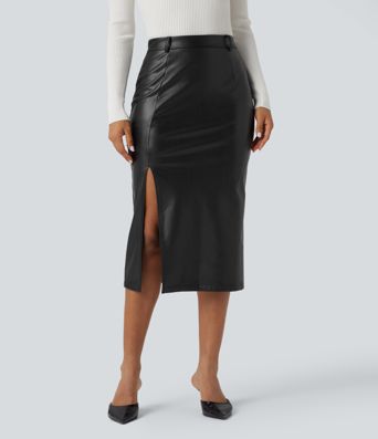 High Waisted Tummy Control 2-in-1 Midi Casual PU Leather Skirt