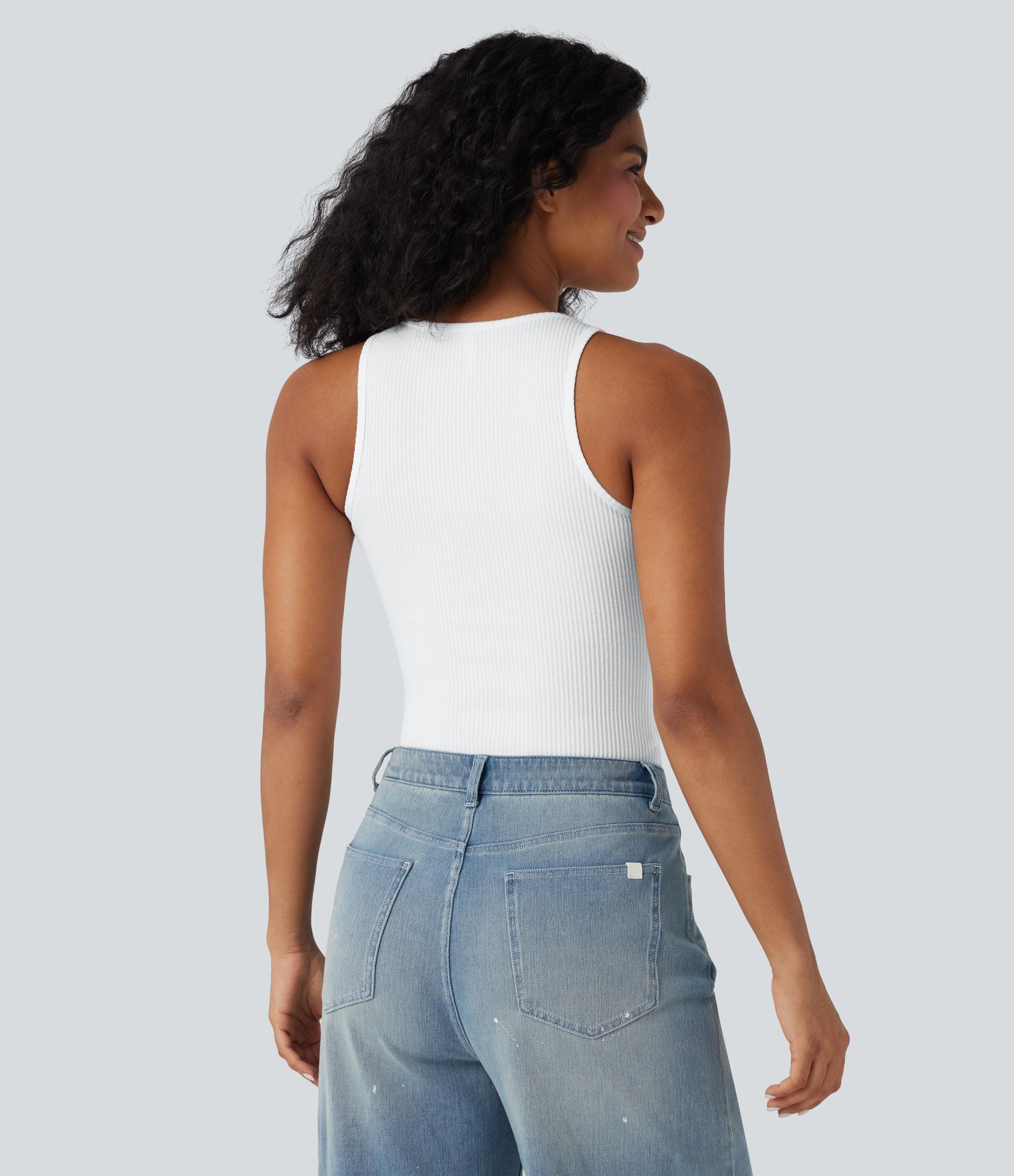 Ribbed Knit Notched Casual Tank Top