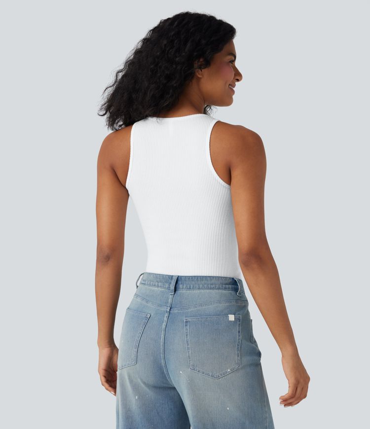 Ribbed Knit Notched Casual Tank Top