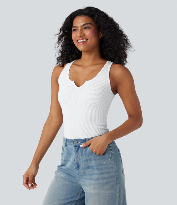 Ribbed Knit Notched Casual Tank Top