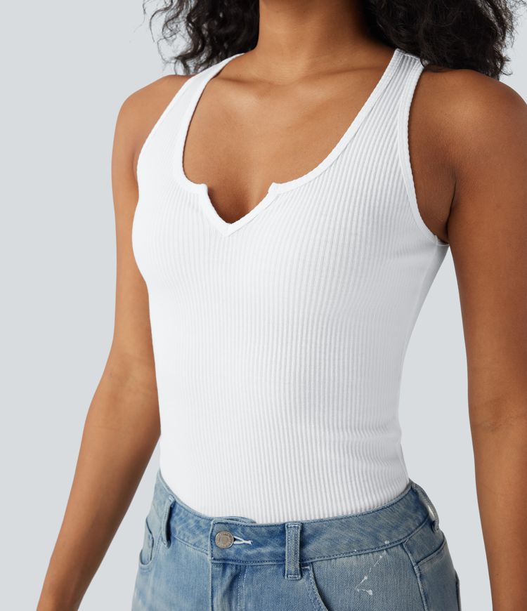 Ribbed Knit Notched Casual Tank Top