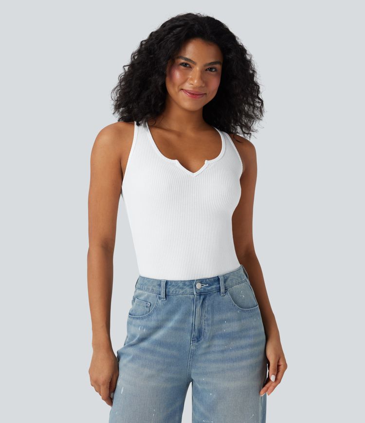 Ribbed Knit Notched Casual Tank Top