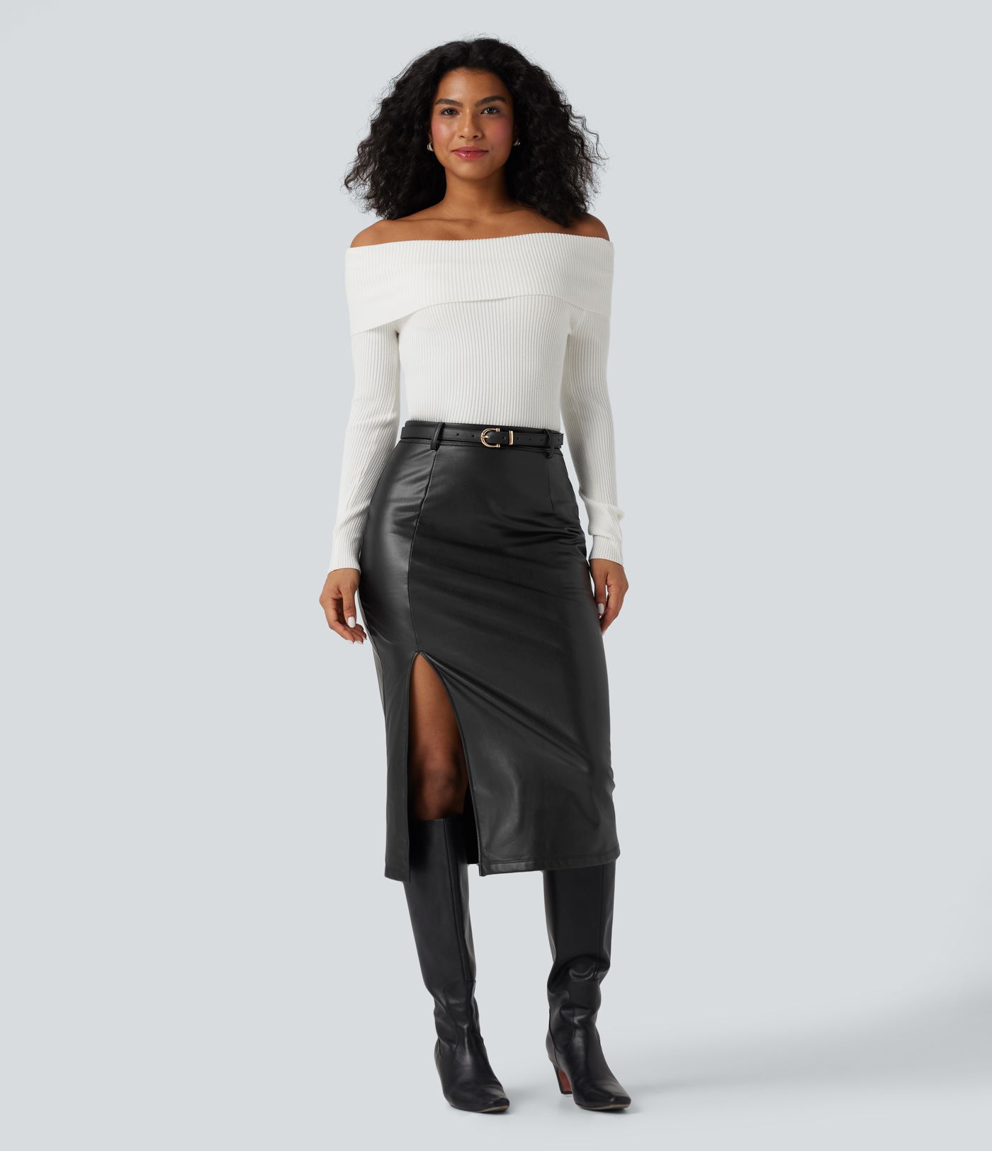 Falda midi casual de cuero PU de talle alto con control de abdomen 2 en 1