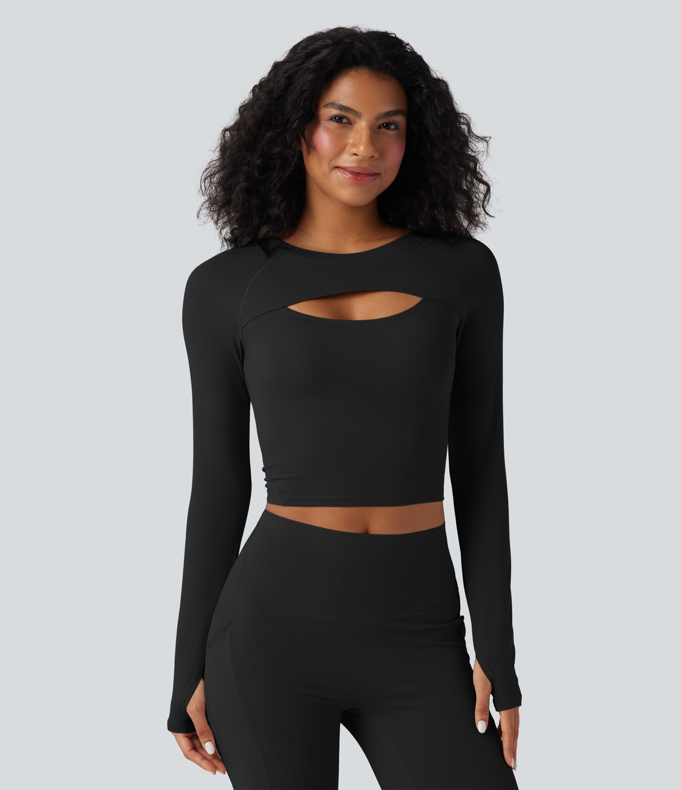 SoftlyZero™ QuickDry Cut Out Long Sleeve Thumb Hole Cropped Yoga Sports Top