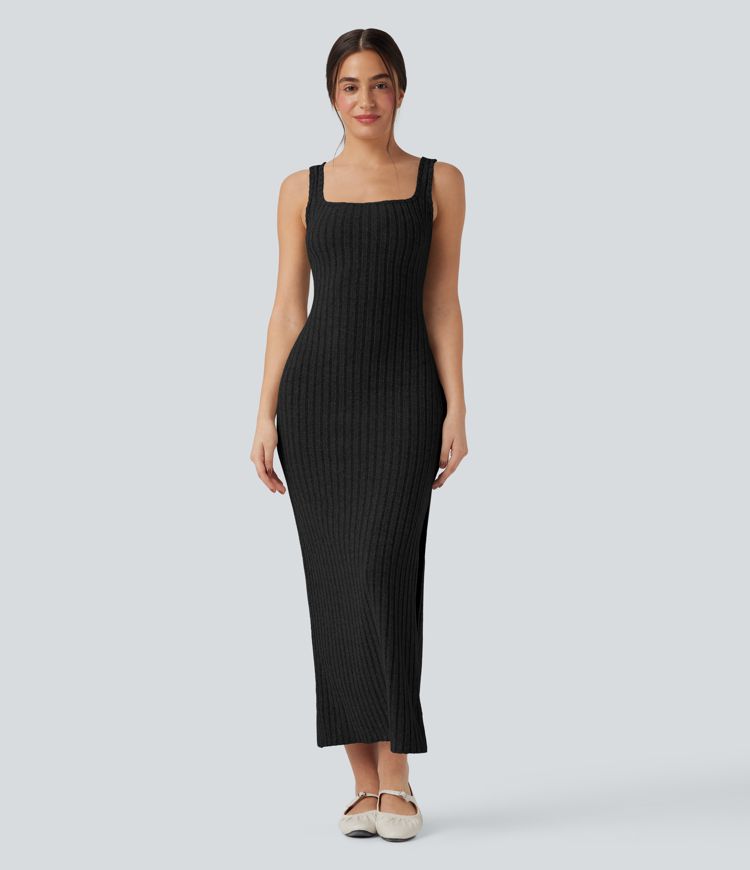 Vestido de punto acanalado con escote cuadrado, sin mangas, con detalles retorcidos en la espalda y una abertura — vestido maxi bodycon informal