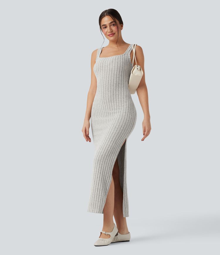 Ribbed Knit Square Neck Sleeveless Twist-back Split Casual Bodycon Maxi Dress