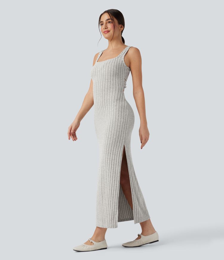Ribbed Knit Square Neck Sleeveless Twist-back Split Casual Bodycon Maxi Dress