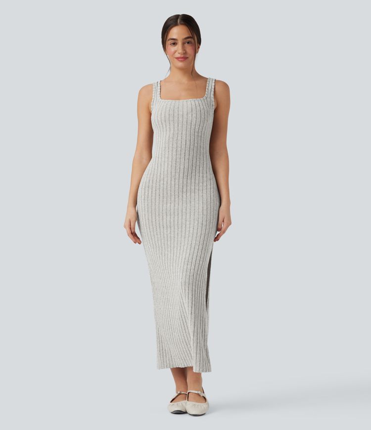 Ribbed Knit Square Neck Sleeveless Twist-back Split Casual Bodycon Maxi Dress