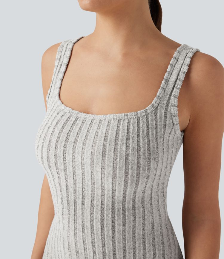 Ribbed Knit Square Neck Sleeveless Twist-back Split Casual Bodycon Maxi Dress