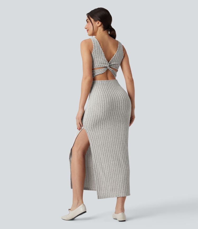 Ribbed Knit Square Neck Sleeveless Twist-back Split Casual Bodycon Maxi Dress