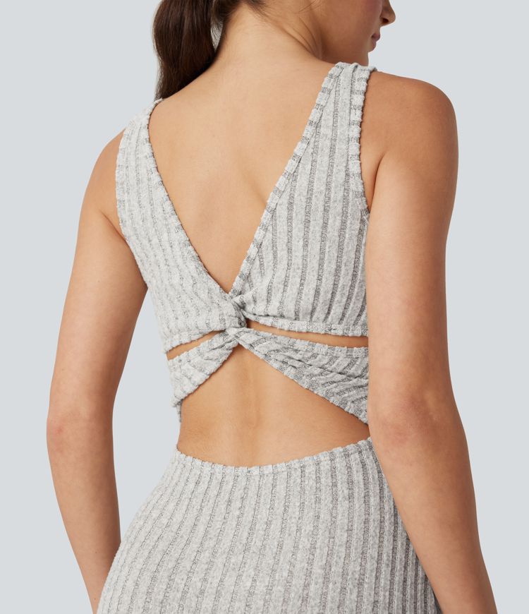 Ribbed Knit Square Neck Sleeveless Twist-back Split Casual Bodycon Maxi Dress