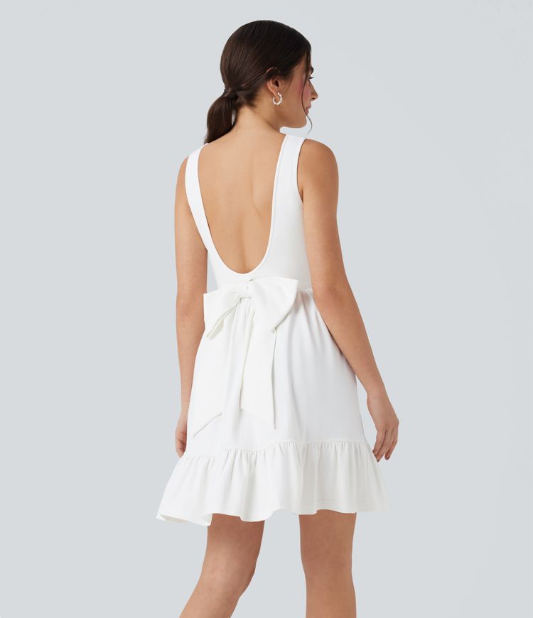 Boat Neck Scoop Back Bow Mini Dress