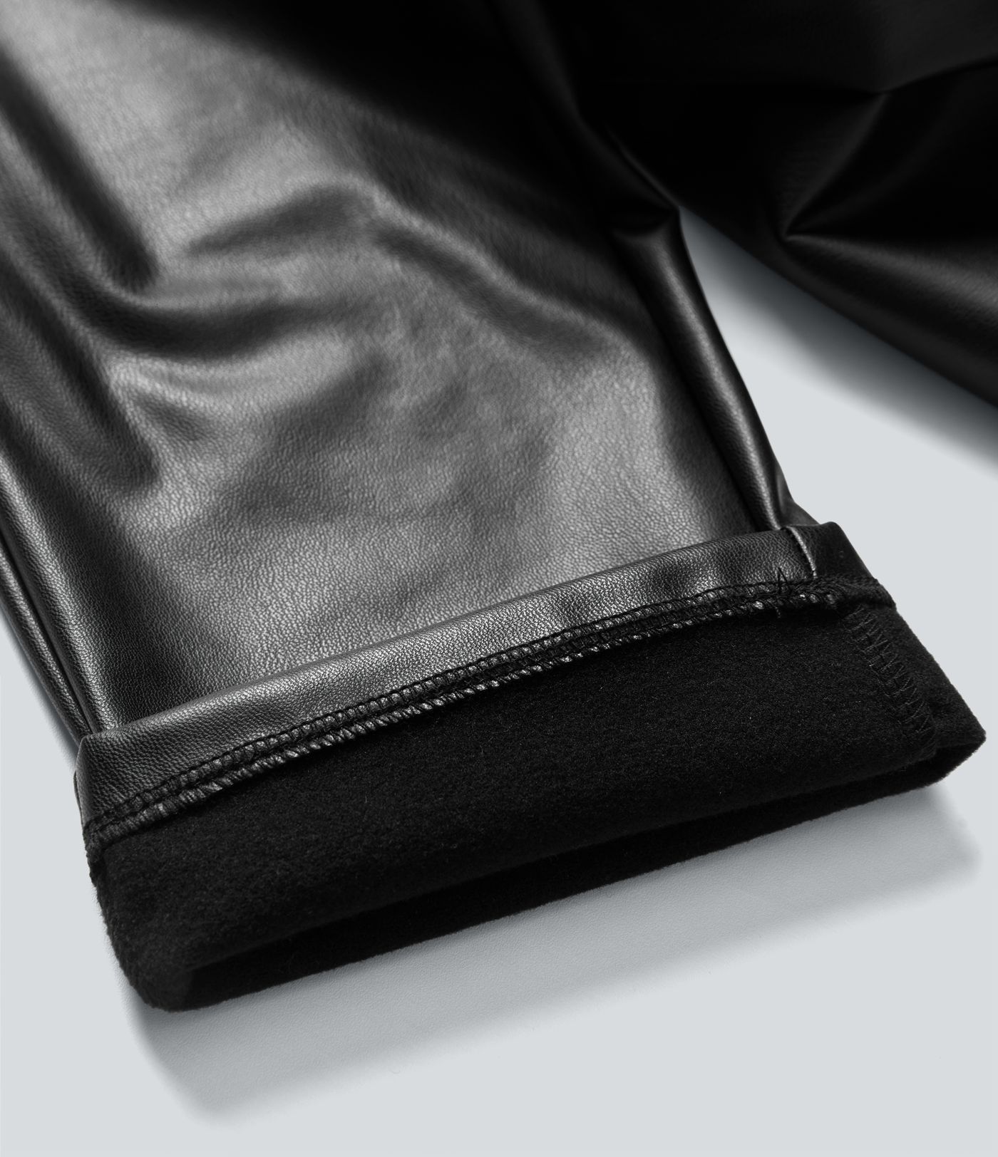 High Waisted Drawstring Stretchy PU Faux Leather Fleece 7/8 Casual Tapered Trousers with Pockets