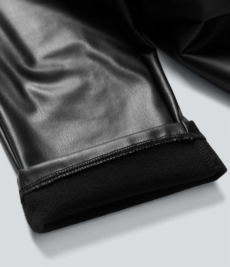 High Waisted Drawstring Stretchy PU Faux Leather Fleece 7/8 Casual Tapered Trousers with Pockets