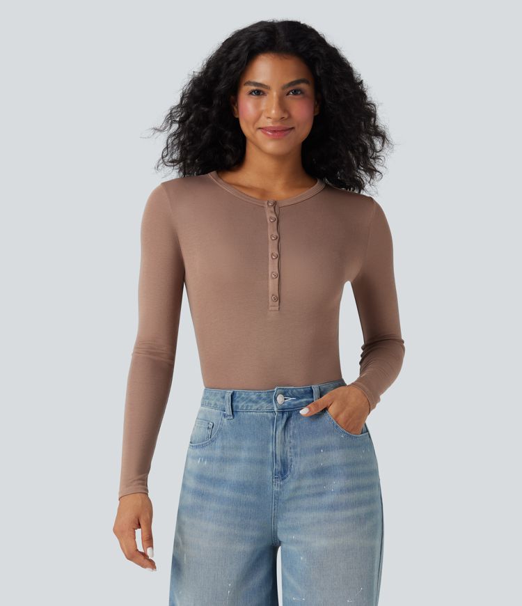 Ribbed Henley Neck Long Sleeve Casual Top