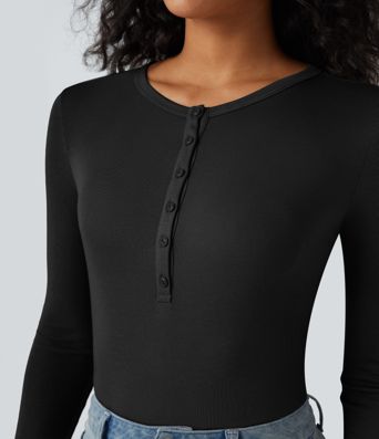 Ribbed Henley Neck Long Sleeve Casual Top