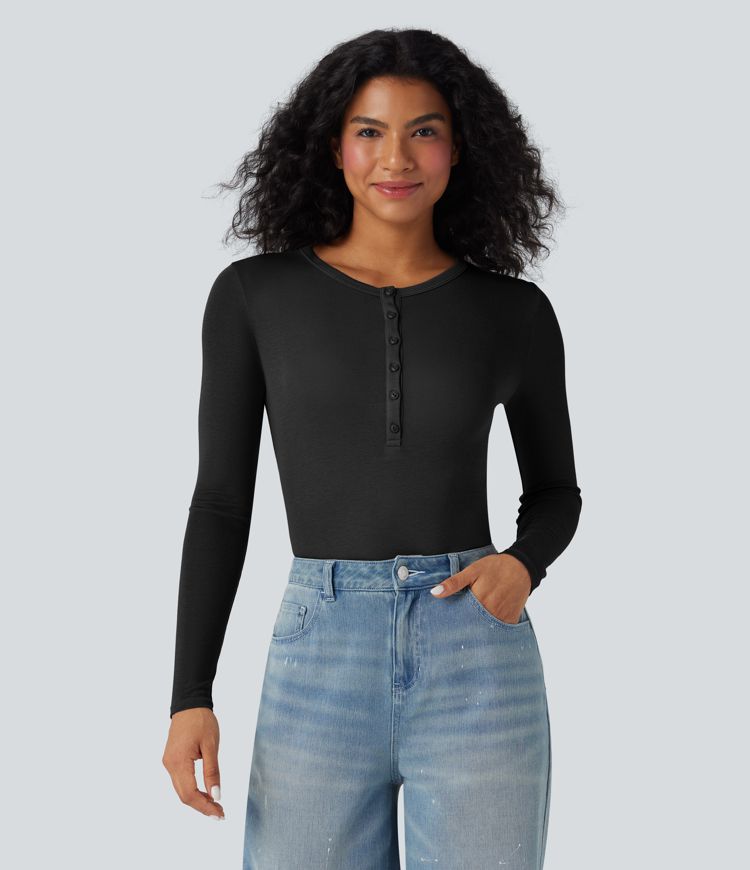 Ribbed Henley Neck Long Sleeve Casual Top