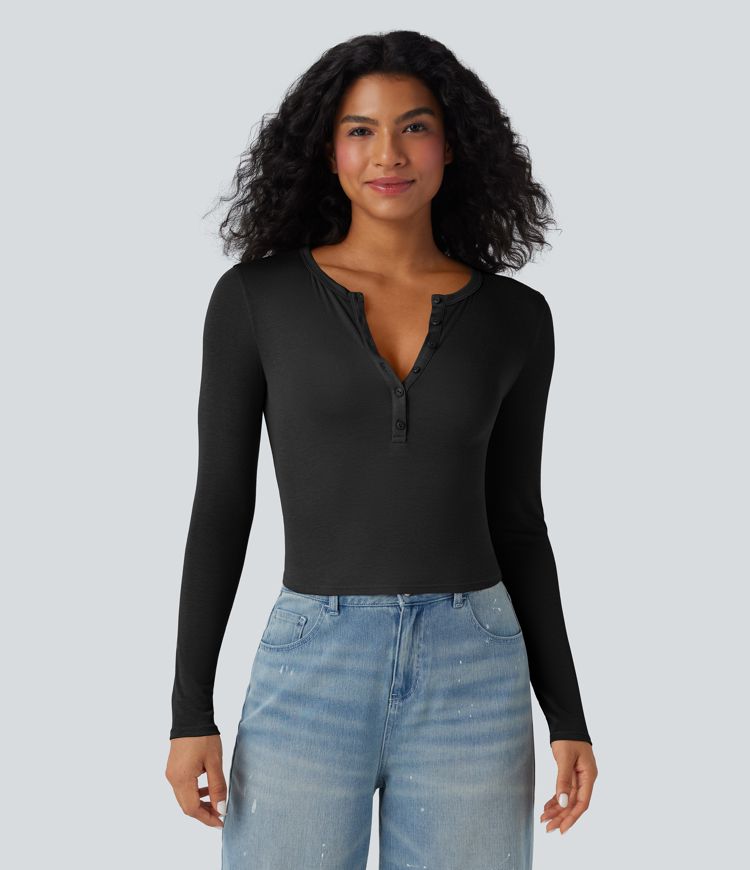 Ribbed Henley Neck Long Sleeve Casual Top
