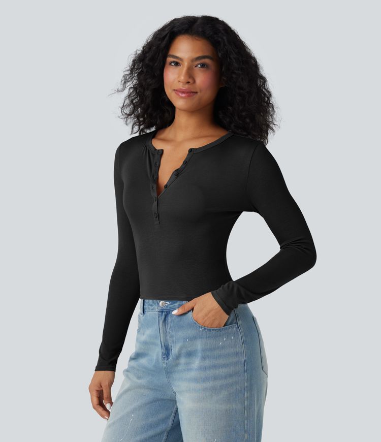 Ribbed Henley Neck Long Sleeve Casual Top