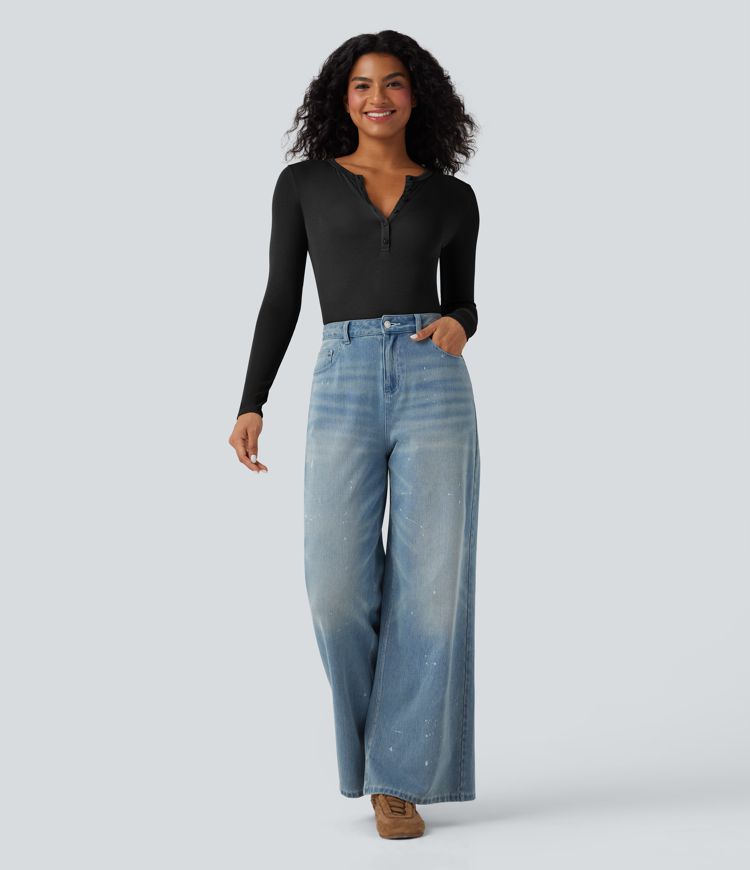 Ribbed Henley Neck Long Sleeve Casual Top