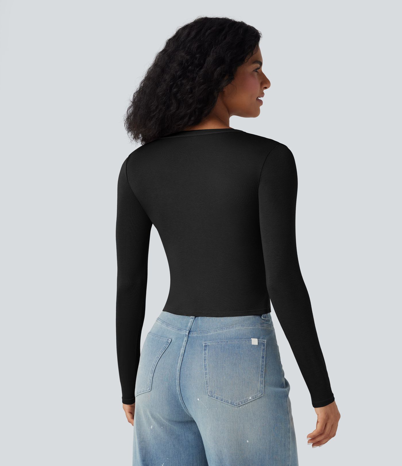 Ribbed Henley Neck Long Sleeve Casual Top