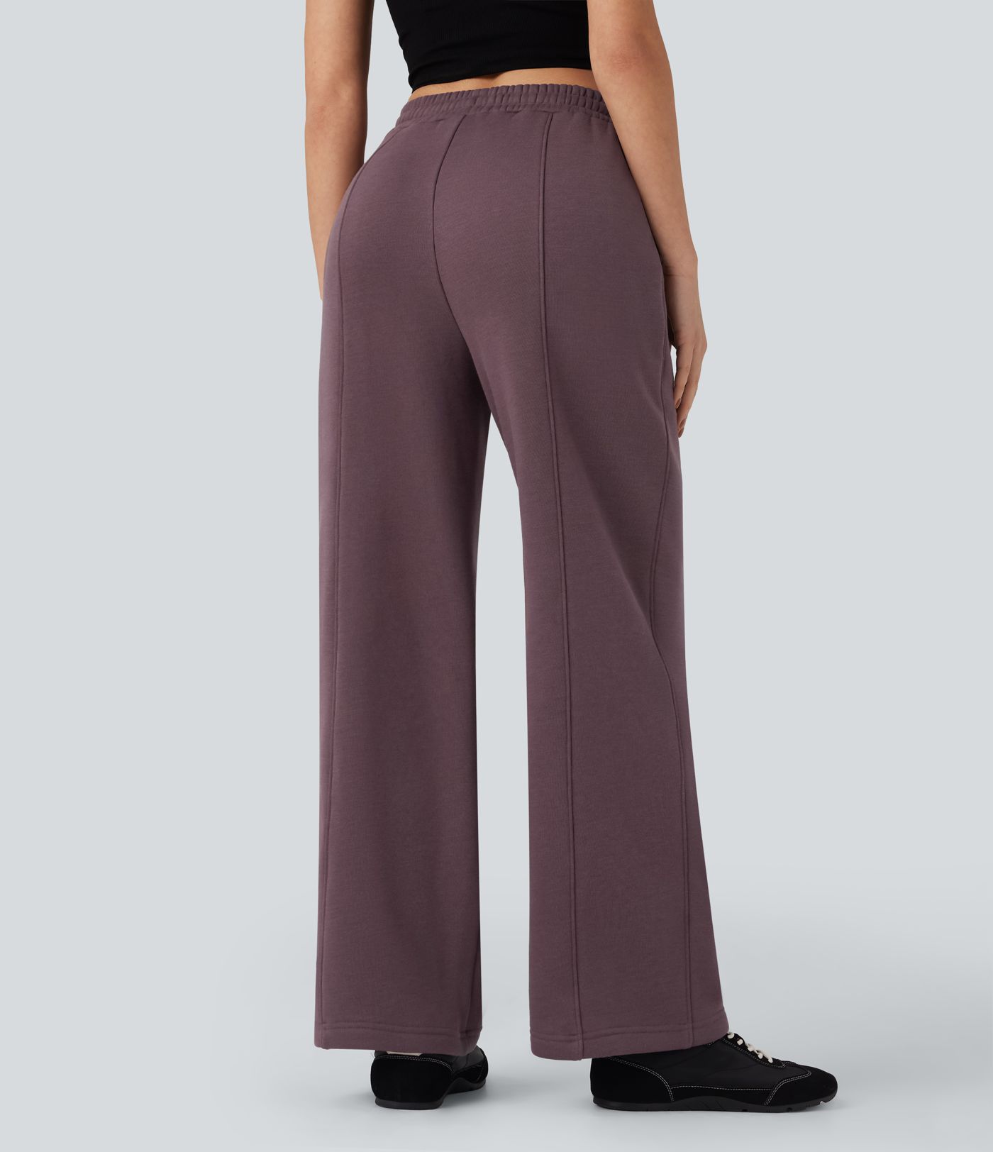 Calças casuais de algodão de cintura alta, com cordão na cintura, perna reta, em fleece e com bolsos.