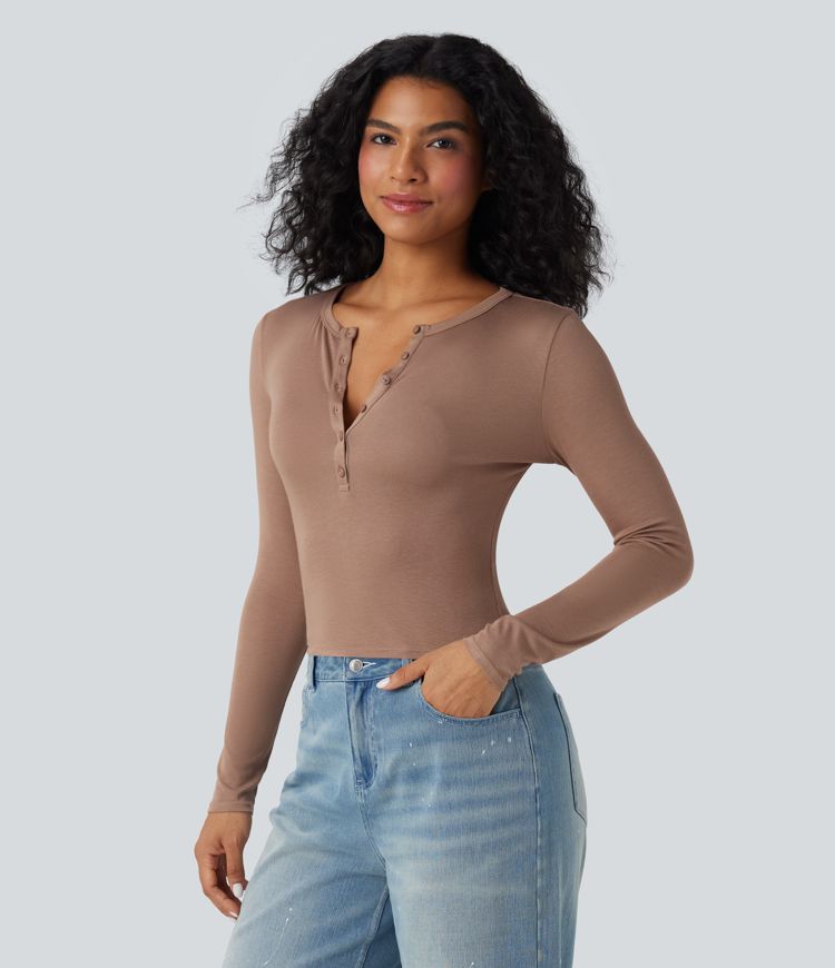 Ribbed Henley Neck Long Sleeve Casual Top