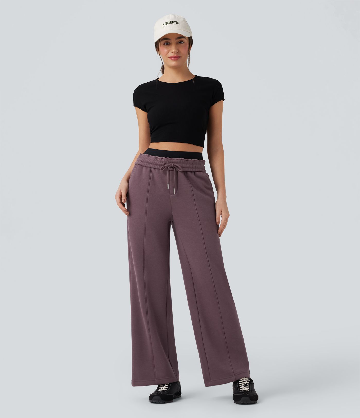 Calças casuais de algodão de cintura alta, com cordão na cintura, perna reta, em fleece e com bolsos.