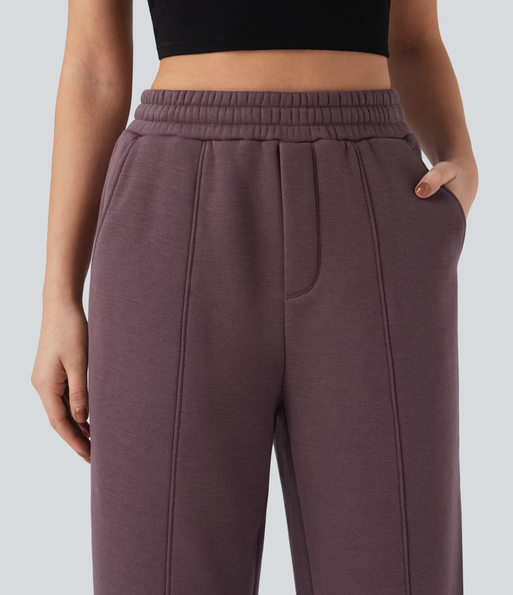 Pantalon droit en coton molleton taille haute avec cordon et poches