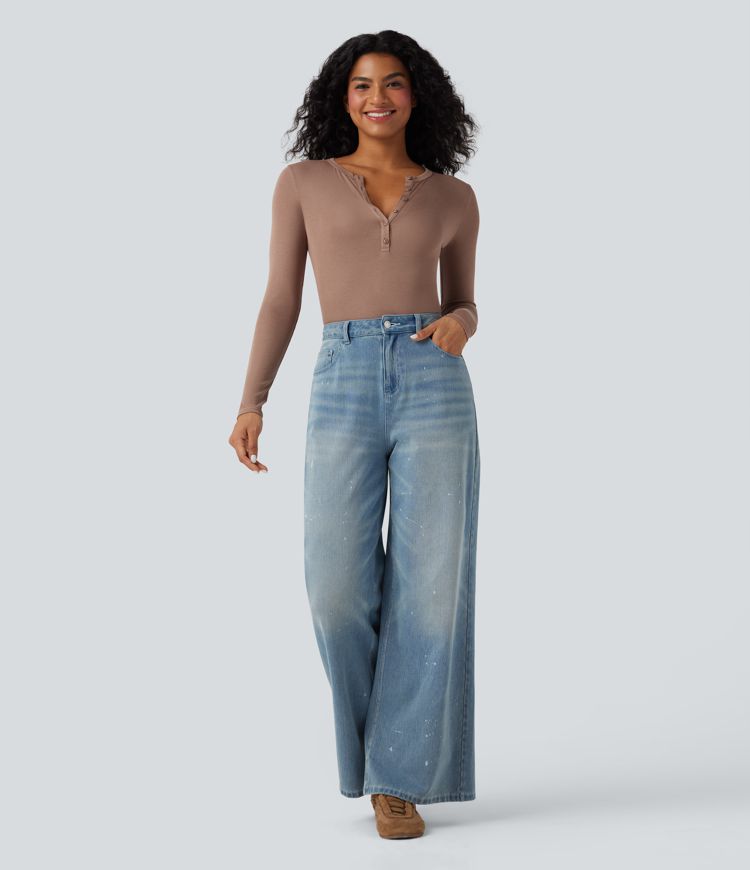 Ribbed Henley Neck Long Sleeve Casual Top