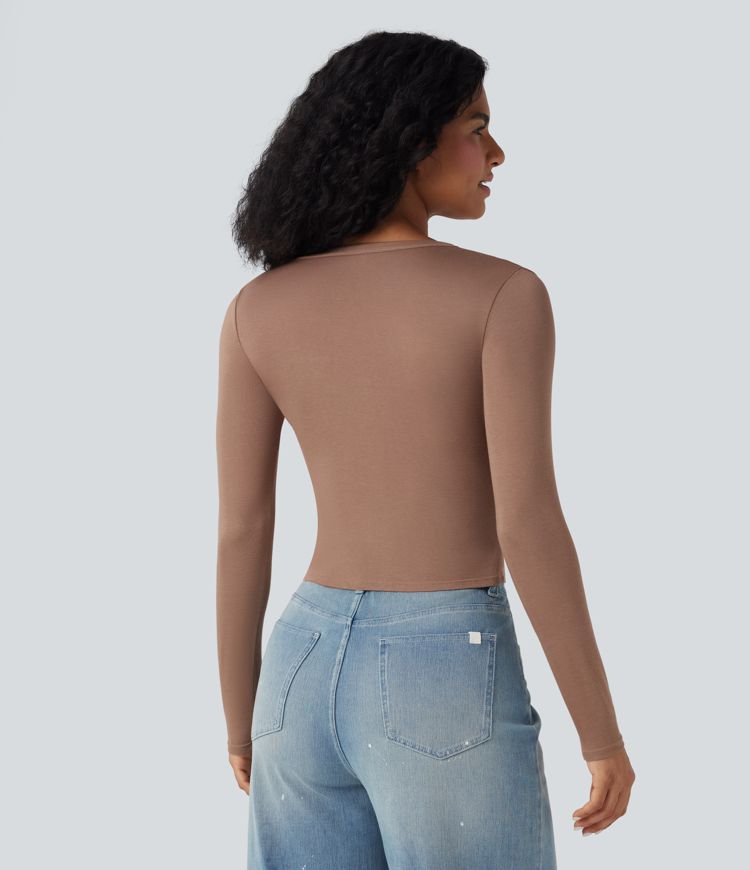 Ribbed Henley Neck Long Sleeve Casual Top