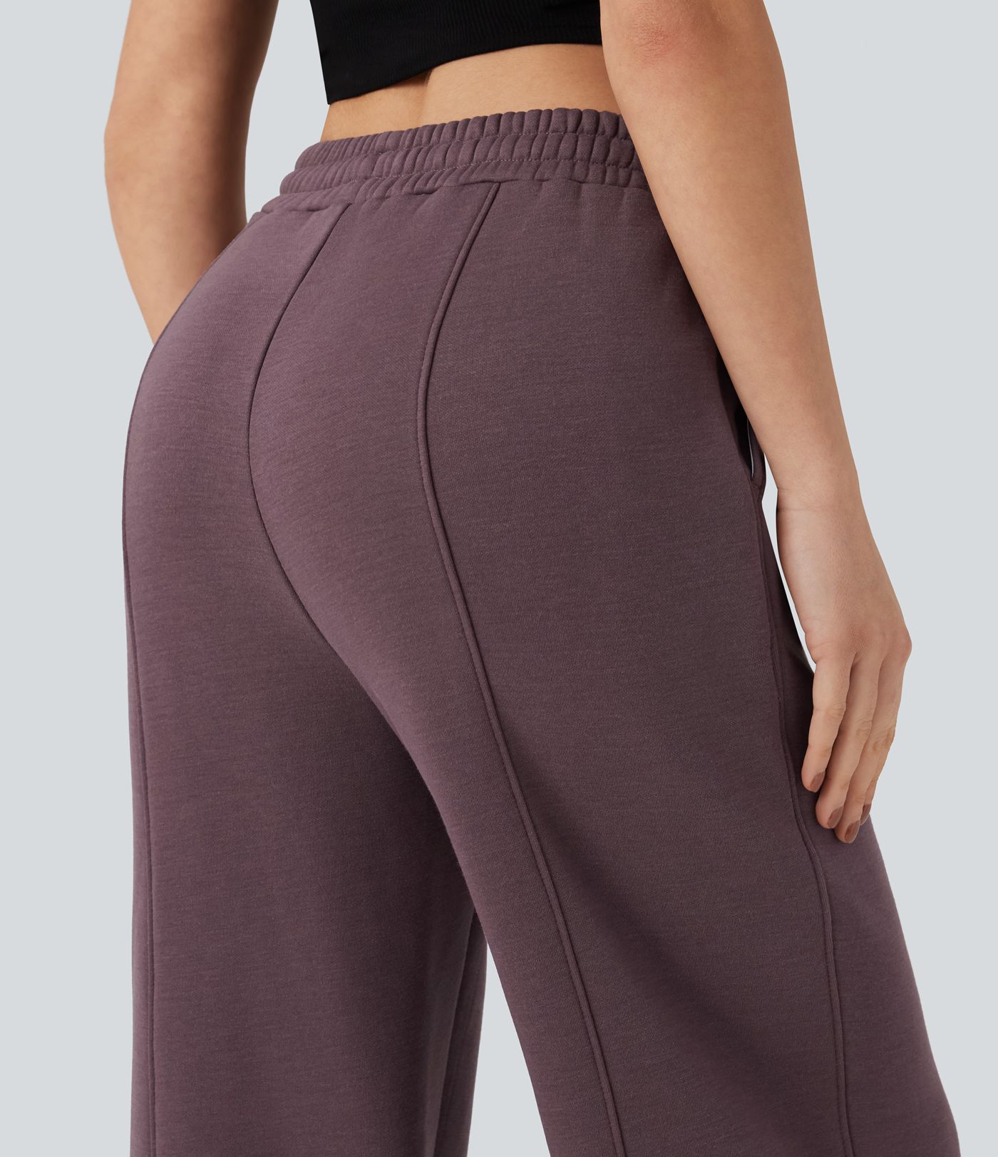 Calças casuais de algodão de cintura alta, com cordão na cintura, perna reta, em fleece e com bolsos.