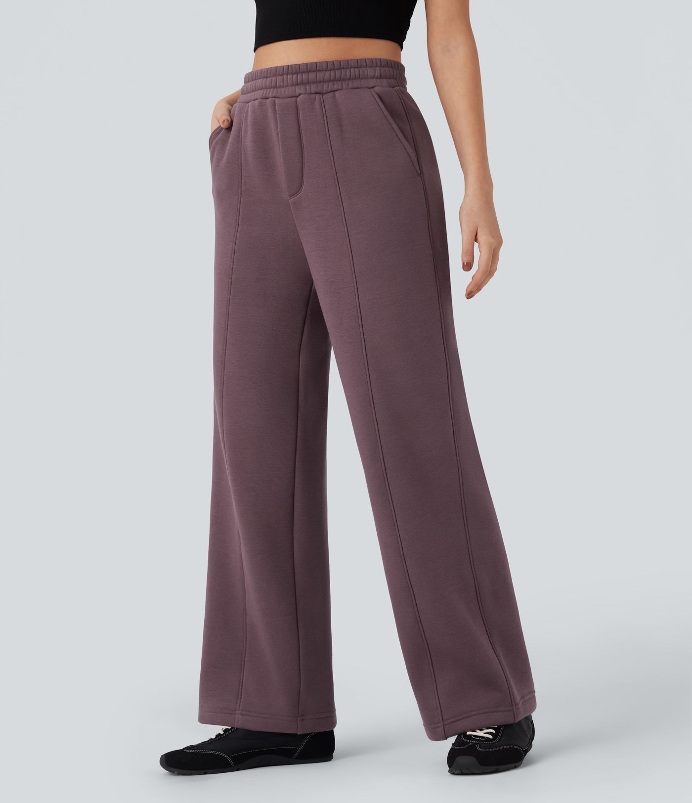 Calças casuais de algodão de cintura alta, com cordão na cintura, perna reta, em fleece e com bolsos.