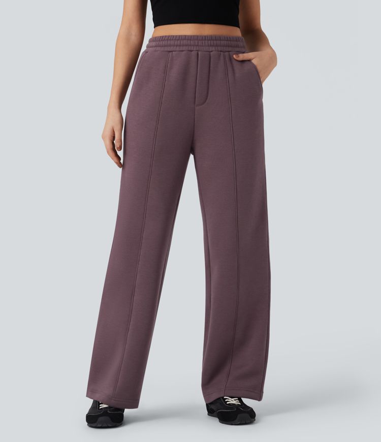 High Waisted Drawstring Straight Leg Fleece Casual Cotton Pants with Pockets