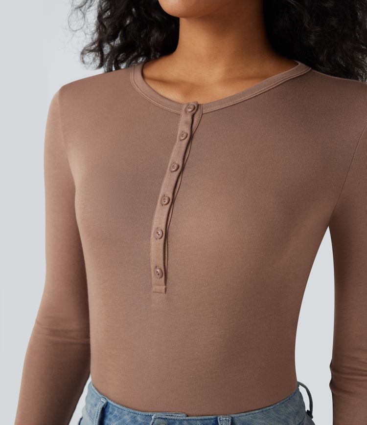 Ribbed Henley Neck Long Sleeve Casual Top