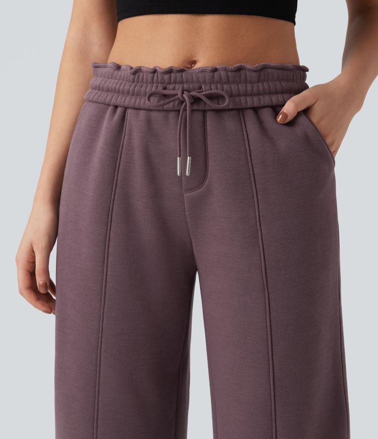 Pantalon droit en coton molleton taille haute avec cordon et poches