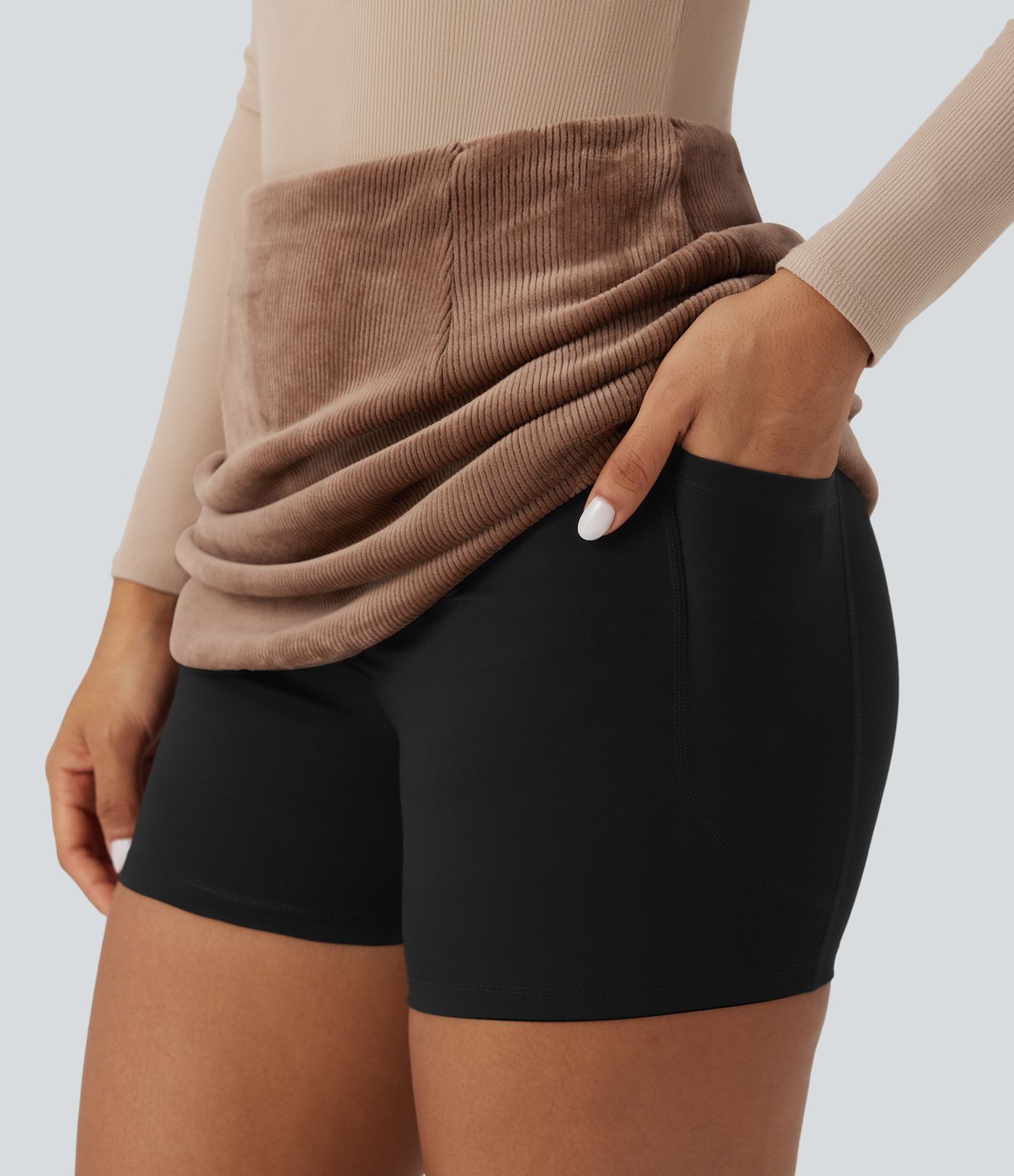 High Waisted Tummy Control Butt Lifting Fleece Corduroy Bodycon Mini Casual Skirt with Pockets