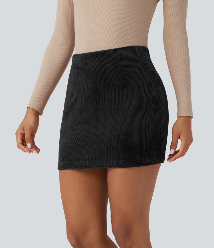 High Waisted Tummy Control Butt Lifting Fleece Corduroy Bodycon Mini Casual Skirt with Pockets