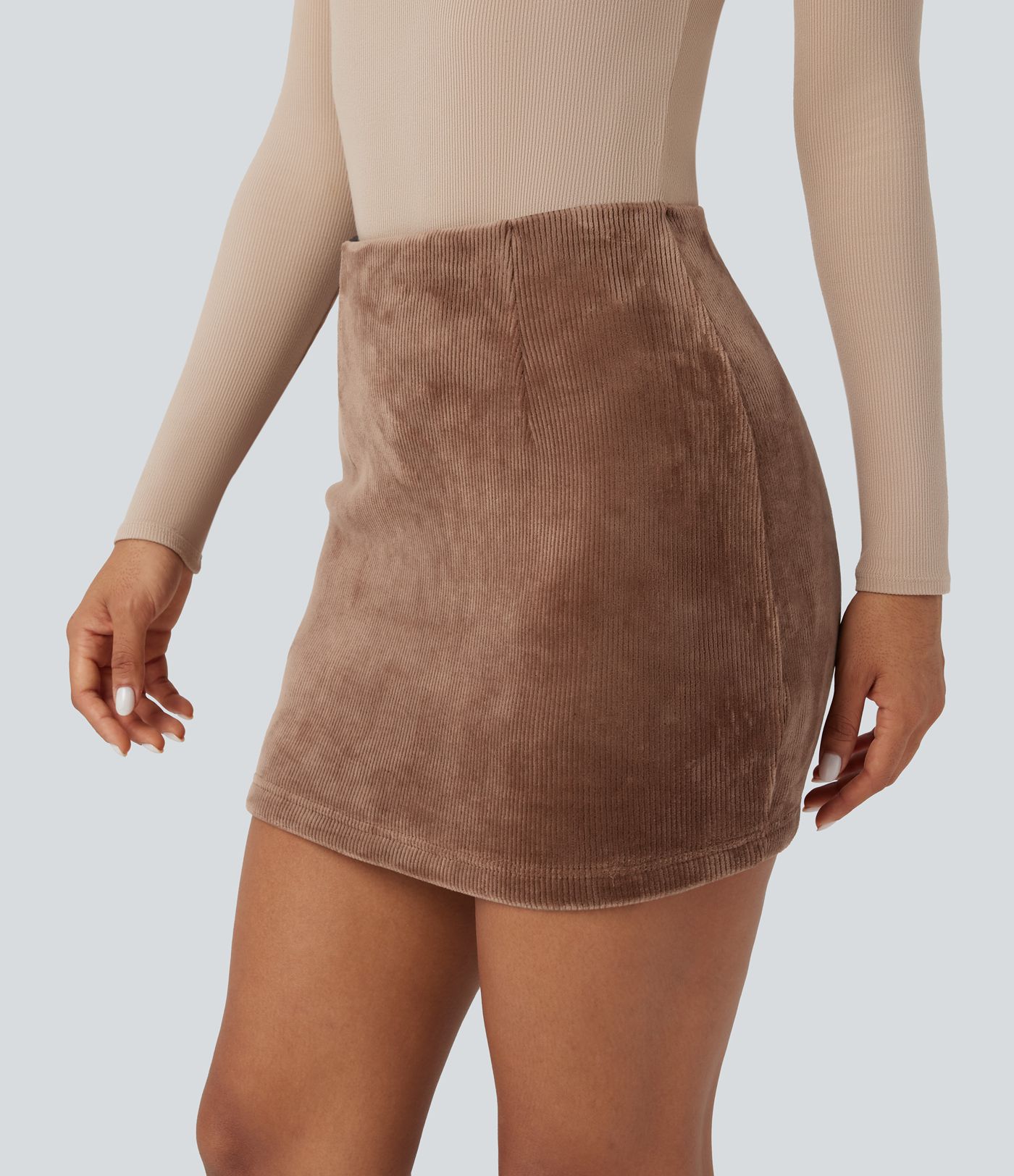 High Waisted Tummy Control Butt Lifting Fleece Corduroy Bodycon Mini Casual Skirt with Pockets
