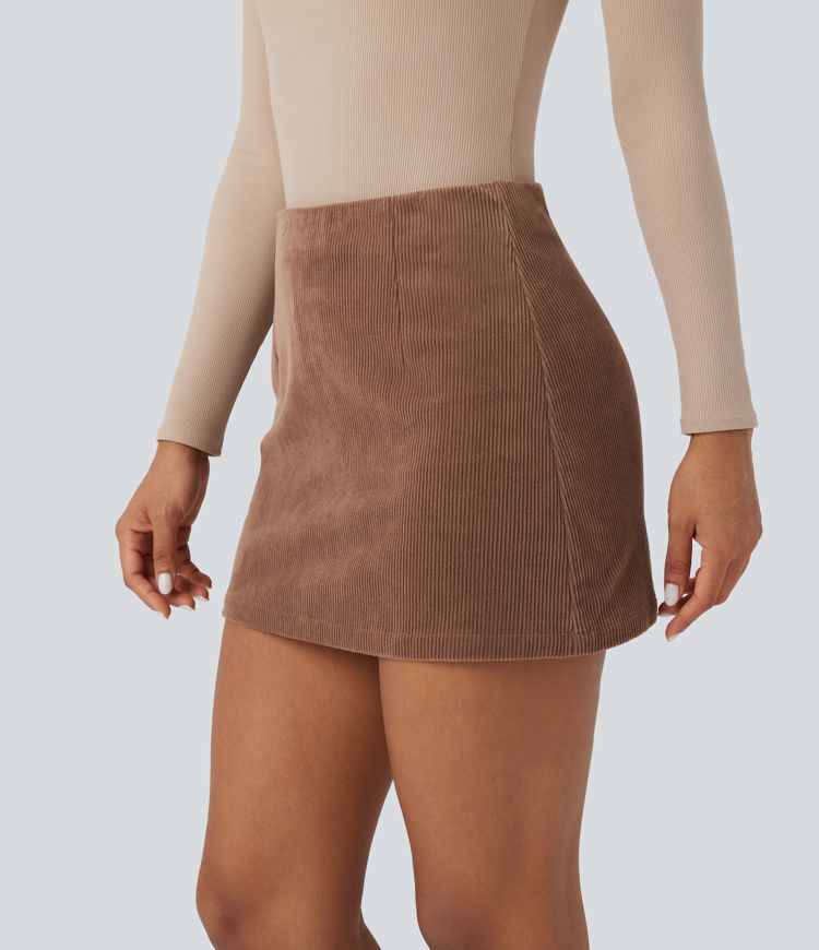High Waisted Tummy Control Butt Lifting Corduroy Bodycon Mini Casual Skirt with Pockets